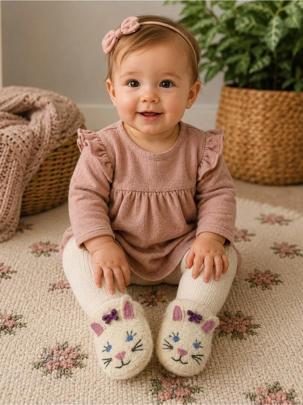 Garnet Hill Baby Boiled Wool Bunny Slippers Cream Embroidered Animal House Shoes